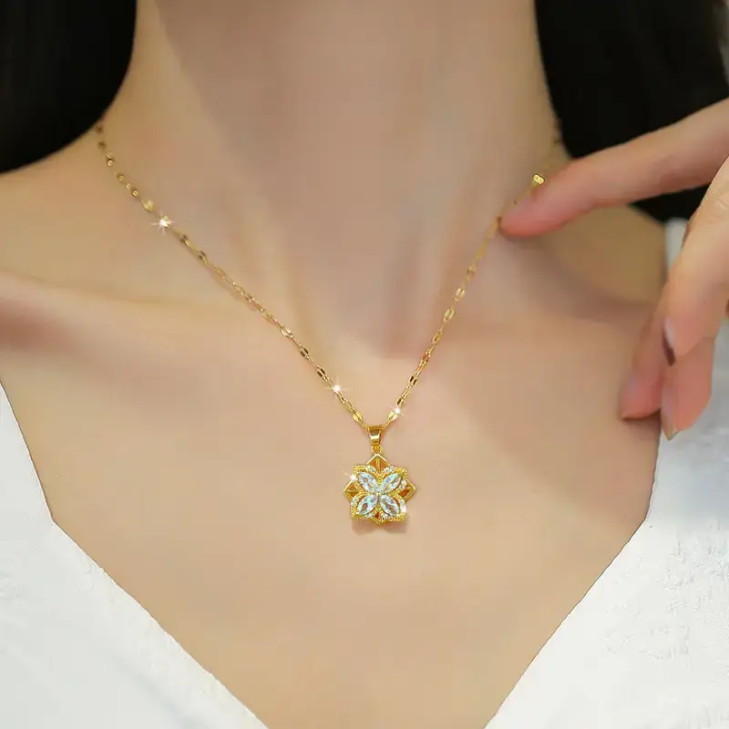 Titanium Steel Rotating Flower Zircon Necklace - Image 3