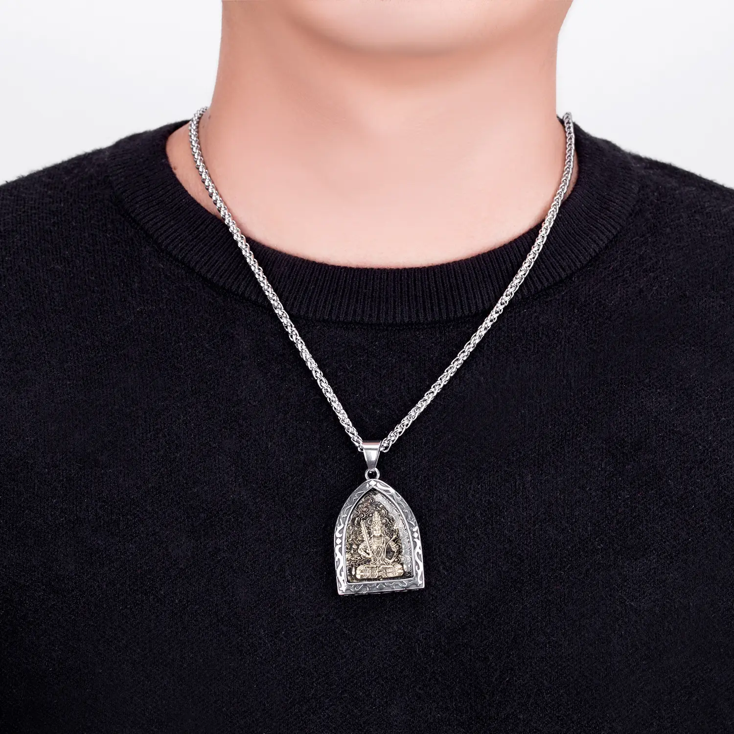 Titanium Buddha Pendant Necklace with Eight Patron Deity Design - Image 10
