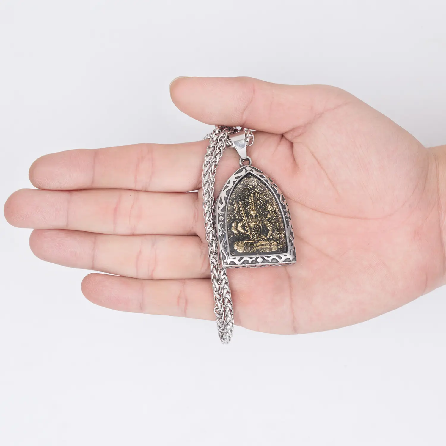 Titanium Buddha Pendant Necklace with Eight Patron Deity Design - Image 12