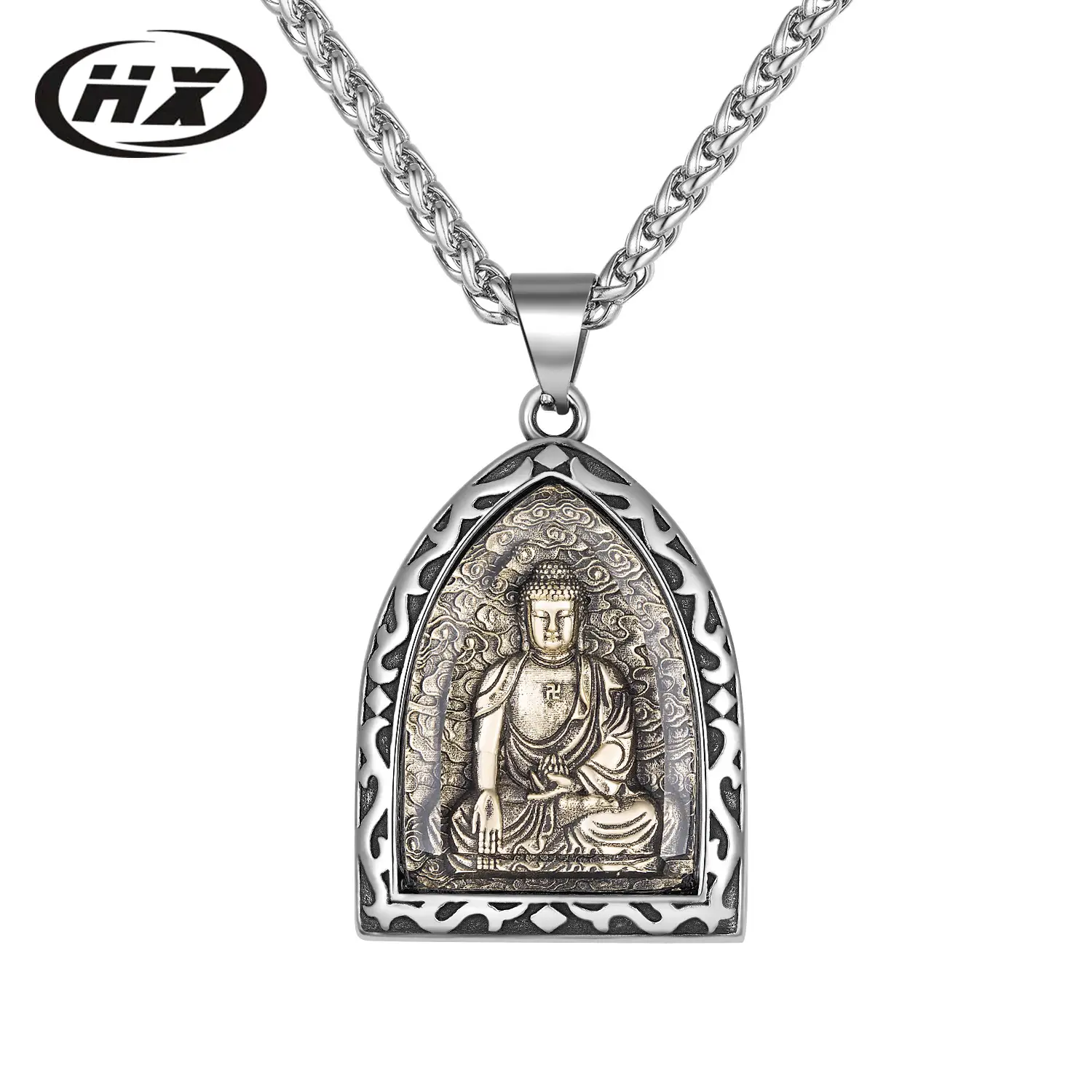 Titanium Buddha Pendant Necklace with Eight Patron Deity Design - Image 2