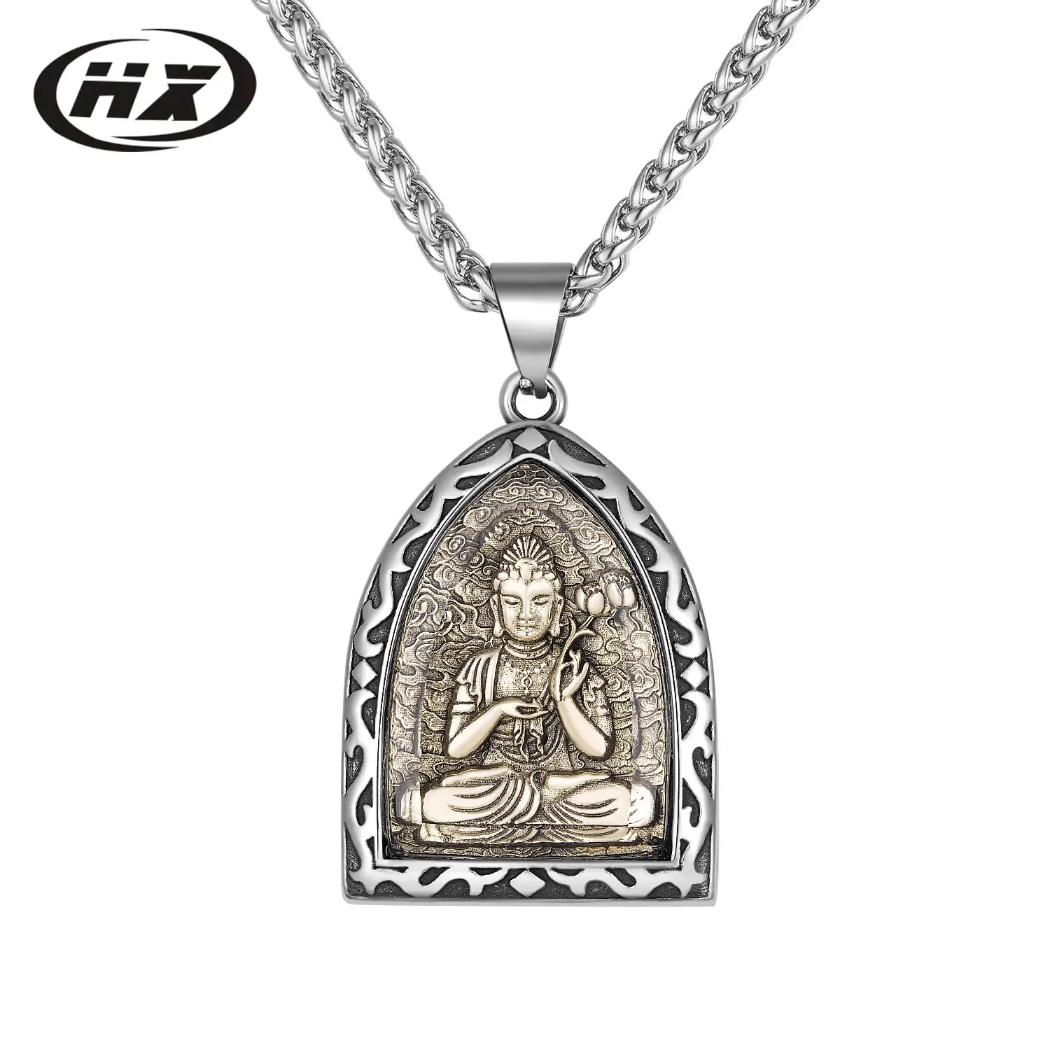Titanium Buddha Pendant Necklace with Eight Patron Deity Design - Image 4