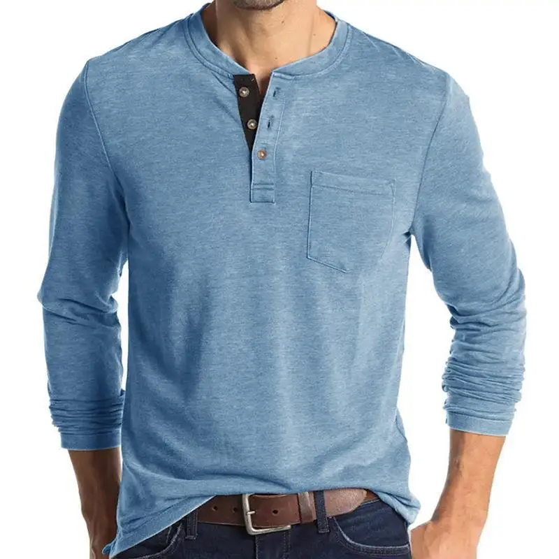 Men's Blue Long Sleeve T-Shirt with Pocket
