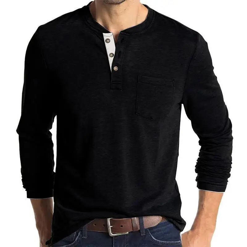 Men's Blue Long Sleeve T-Shirt with Pocket