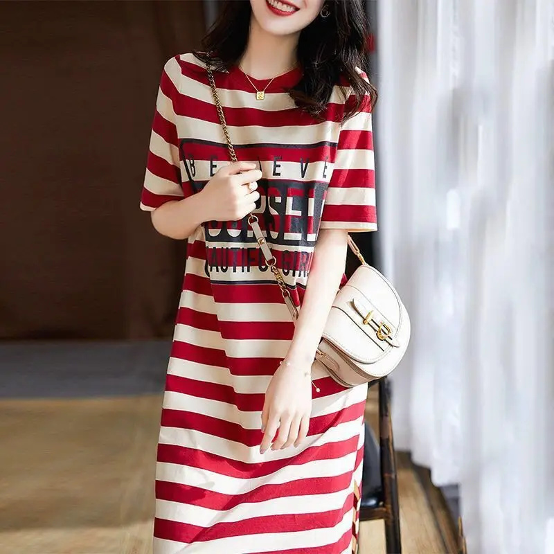 Women Striped Printed Mid-Length Dress Red White - Image 2