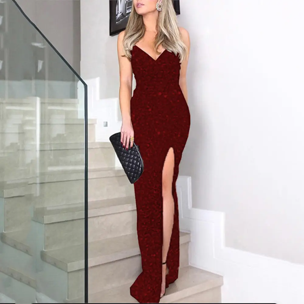 Women Sexy Sequin Split Dress Red European American