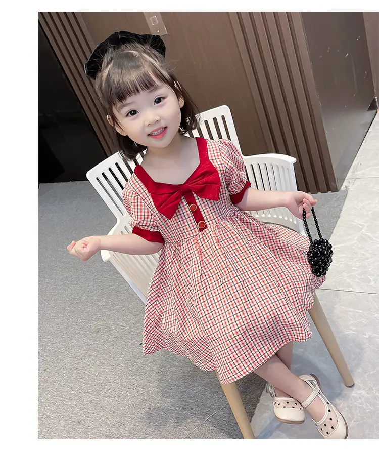Girls Korean Style Puff Sleeve Plaid Dress Red White - Image 3