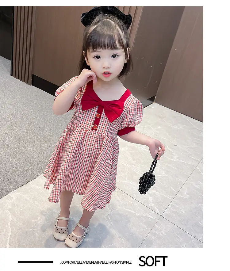 Girls Korean Style Puff Sleeve Plaid Dress Red White - Image 4