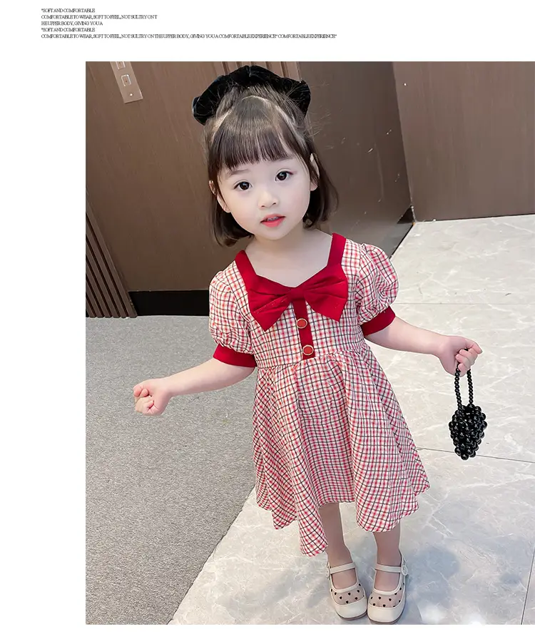 Girls Korean Style Puff Sleeve Plaid Dress Red White - Image 5