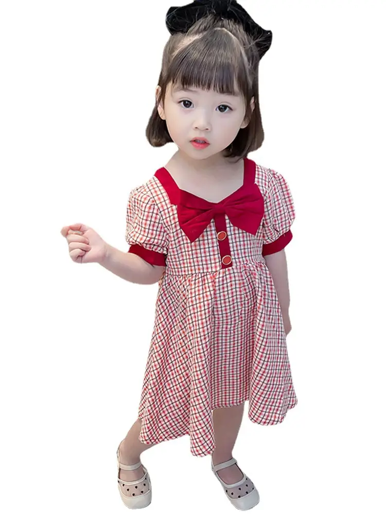 Girls Korean Style Puff Sleeve Plaid Dress Red White - Image 6