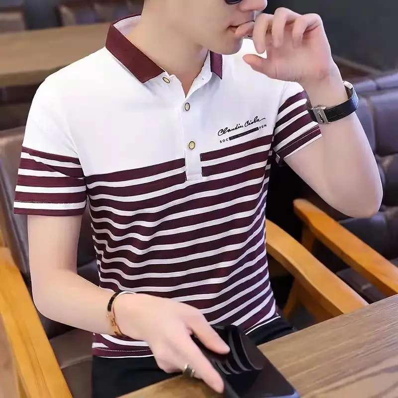 Men Striped Polo Shirt White Maroon Slim Fit - Image 2