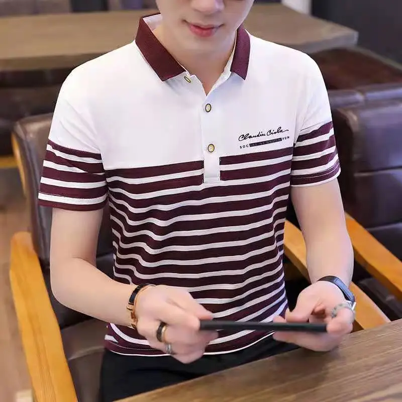 Men Striped Polo Shirt White Maroon Slim Fit - Image 4
