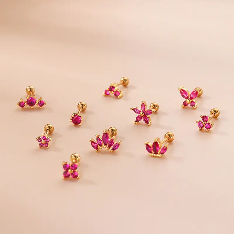 Rose Red Zircon Flower Crown Earrings Single - Image 3