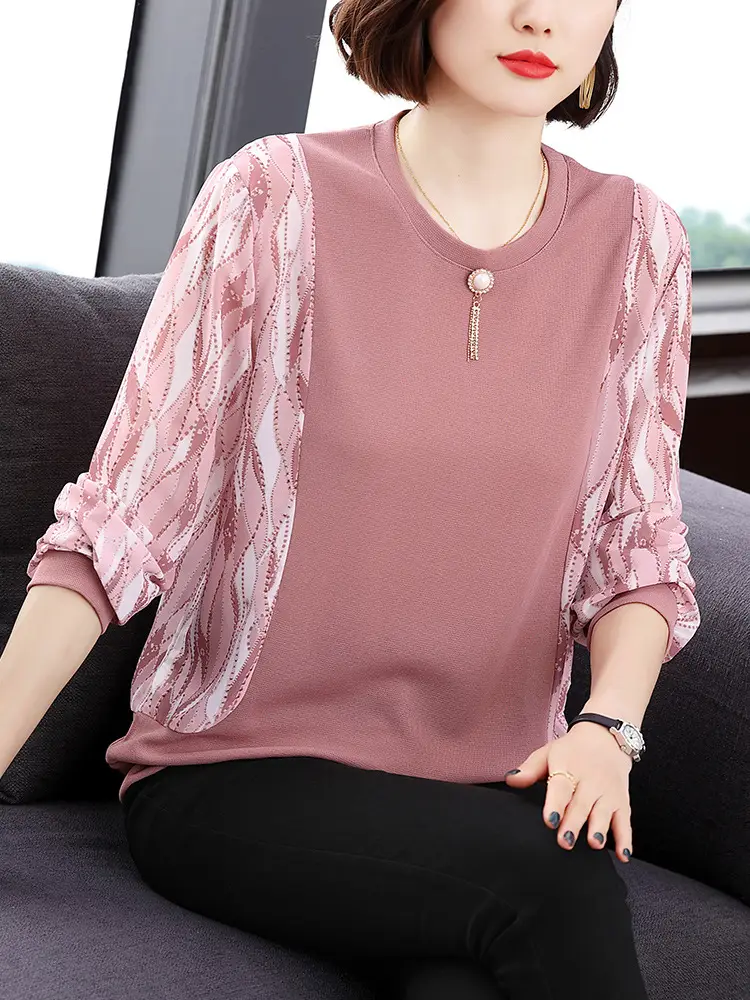 Long Sleeve T-Shirt for Women Aged 40+ Pink Loose Outerwear
