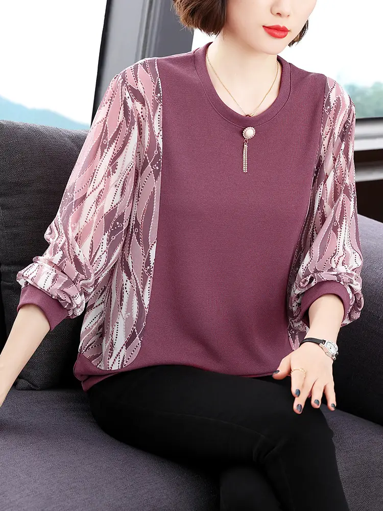 Long Sleeve T-Shirt for Women Aged 40+ Pink Loose Outerwear