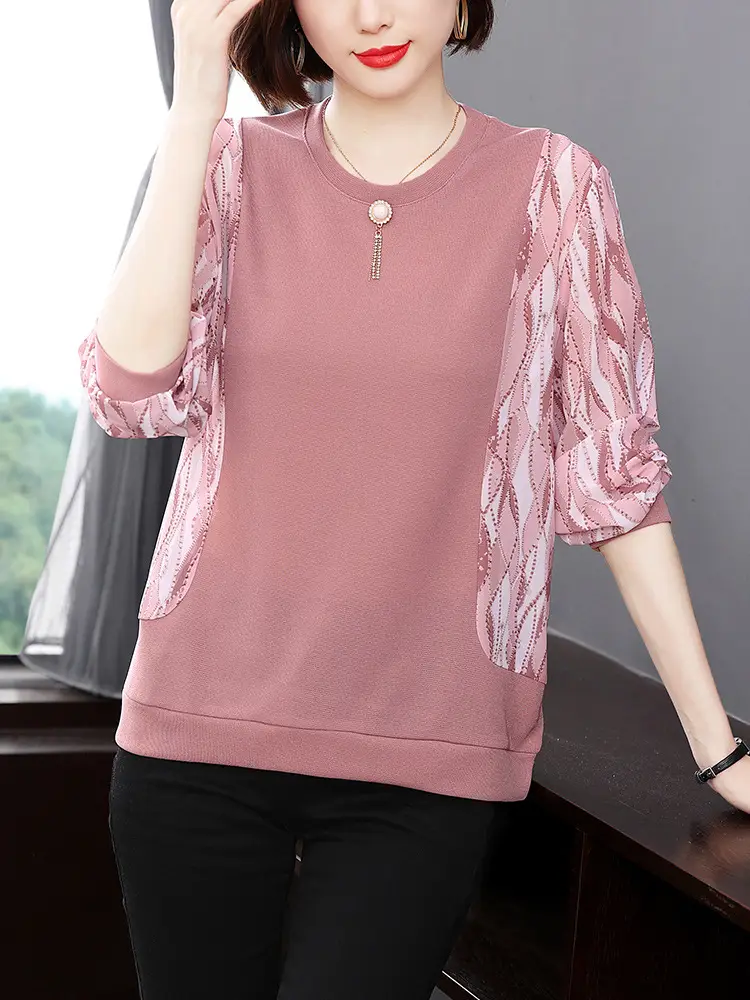 Long Sleeve T-Shirt for Women Aged 40+ Pink Loose Outerwear