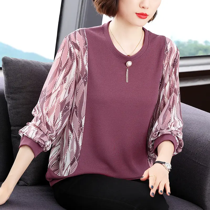 Long Sleeve T-Shirt for Women Aged 40+ Pink Loose Outerwear