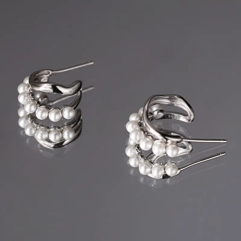 S925 Sterling Silver Pearl Earrings Double Layer Women