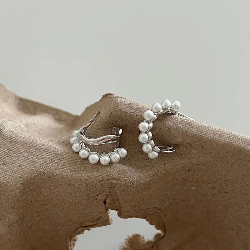 S925 Sterling Silver Pearl Earrings Double Layer Women