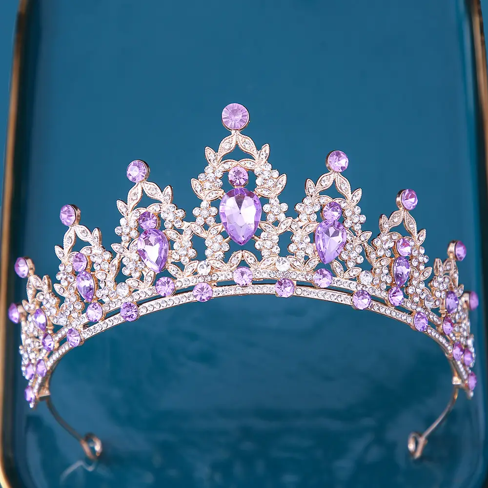 Bridal Crown with Pink Rhinestones and Diamond Details - Image 16