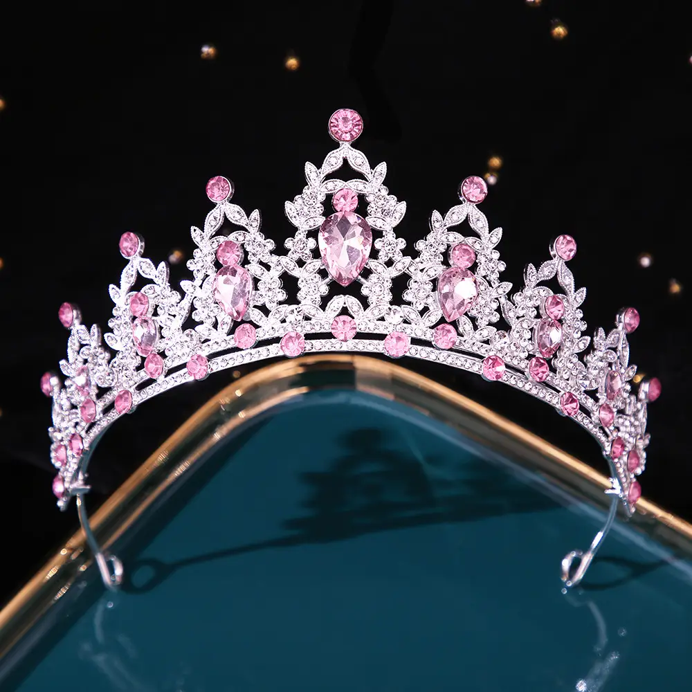 Bridal Crown with Pink Rhinestones and Diamond Details - Image 6