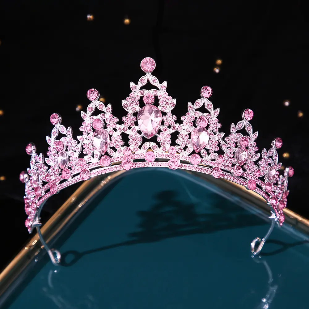 Bridal Crown with Pink Rhinestones and Diamond Details - Image 8