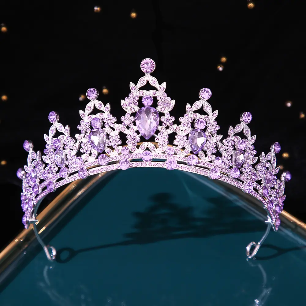 Bridal Crown with Pink Rhinestones and Diamond Details - Image 9