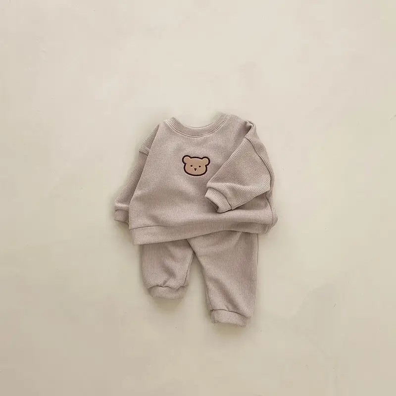Kids Long Sleeve Sweater Pants Set Grey Cartoon Bear - Image 3