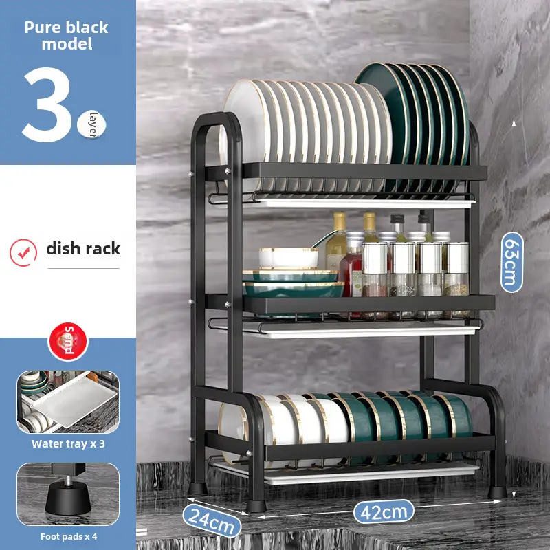 Cross-border Kitchen Dish Rack 2-Tier Black Storage Rack - Image 3