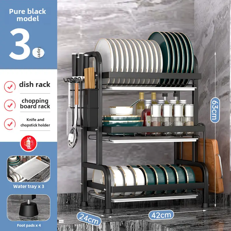 Cross-border Kitchen Dish Rack 2-Tier Black Storage Rack - Image 4