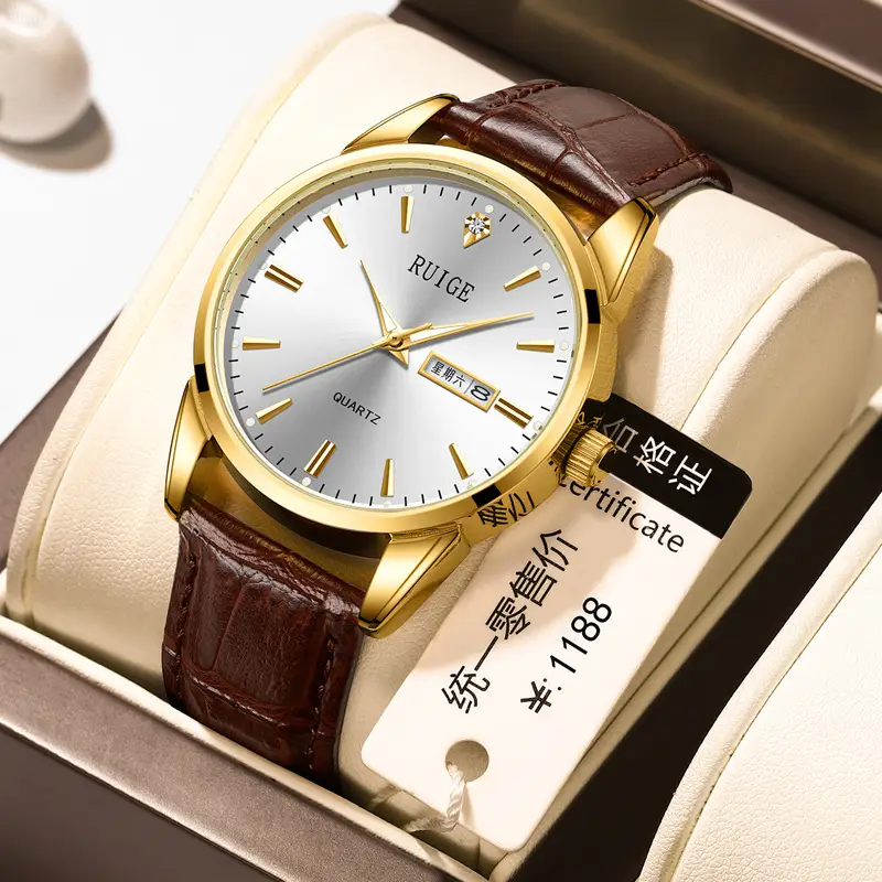 Ruhe Gold Quartz Men's Watch Brown Leather Strap - Image 6