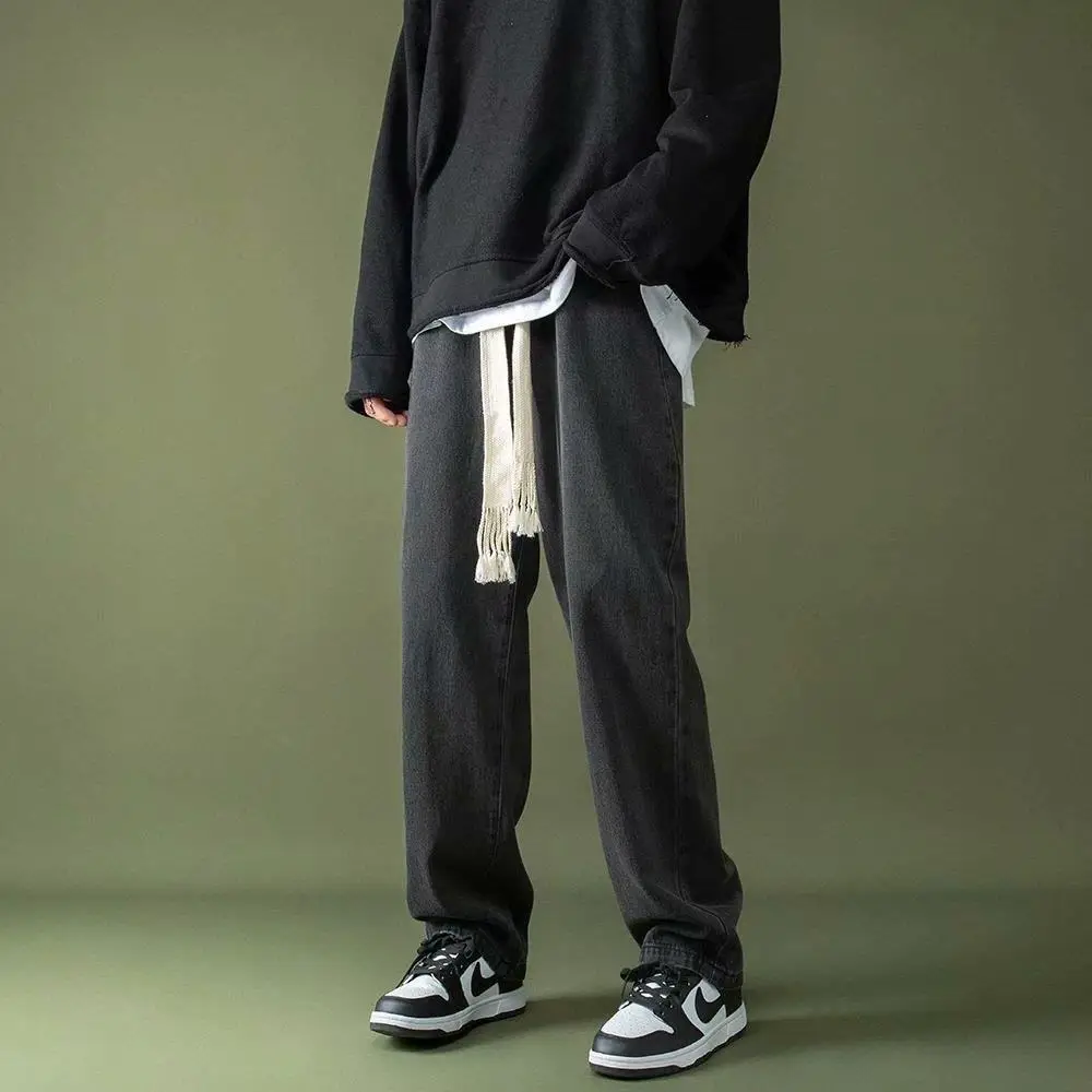 Men Braided Drawstring Jeans Wide Leg Trousers Blue