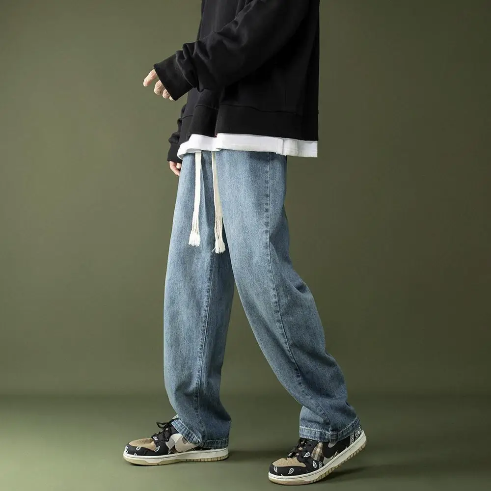 Men Braided Drawstring Jeans Wide Leg Trousers Blue