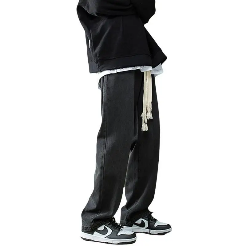 Men Braided Drawstring Jeans Wide Leg Trousers Blue