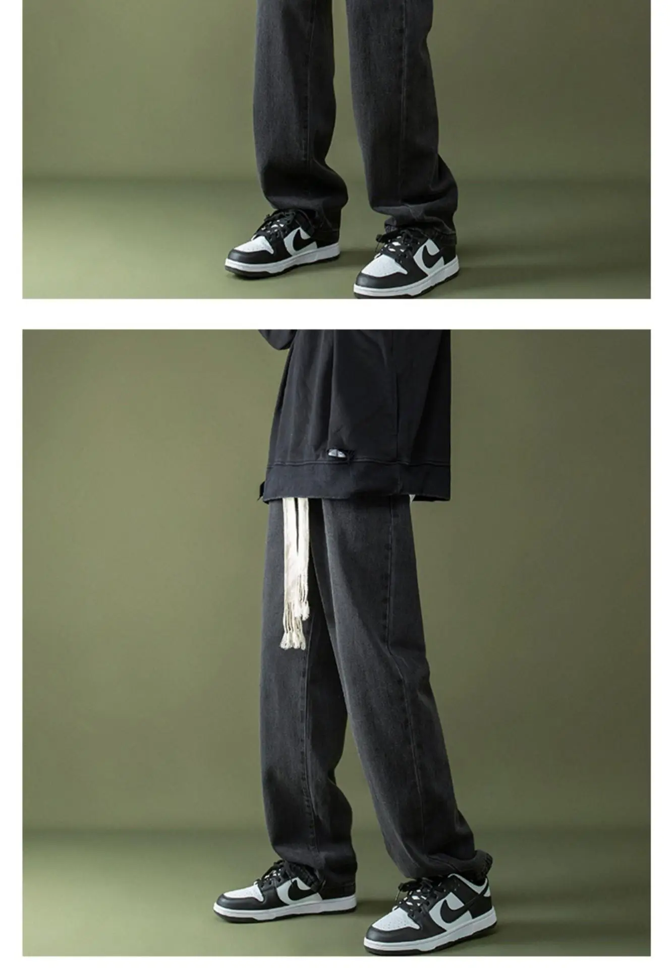Men Braided Drawstring Jeans Wide Leg Trousers Blue — feature 3