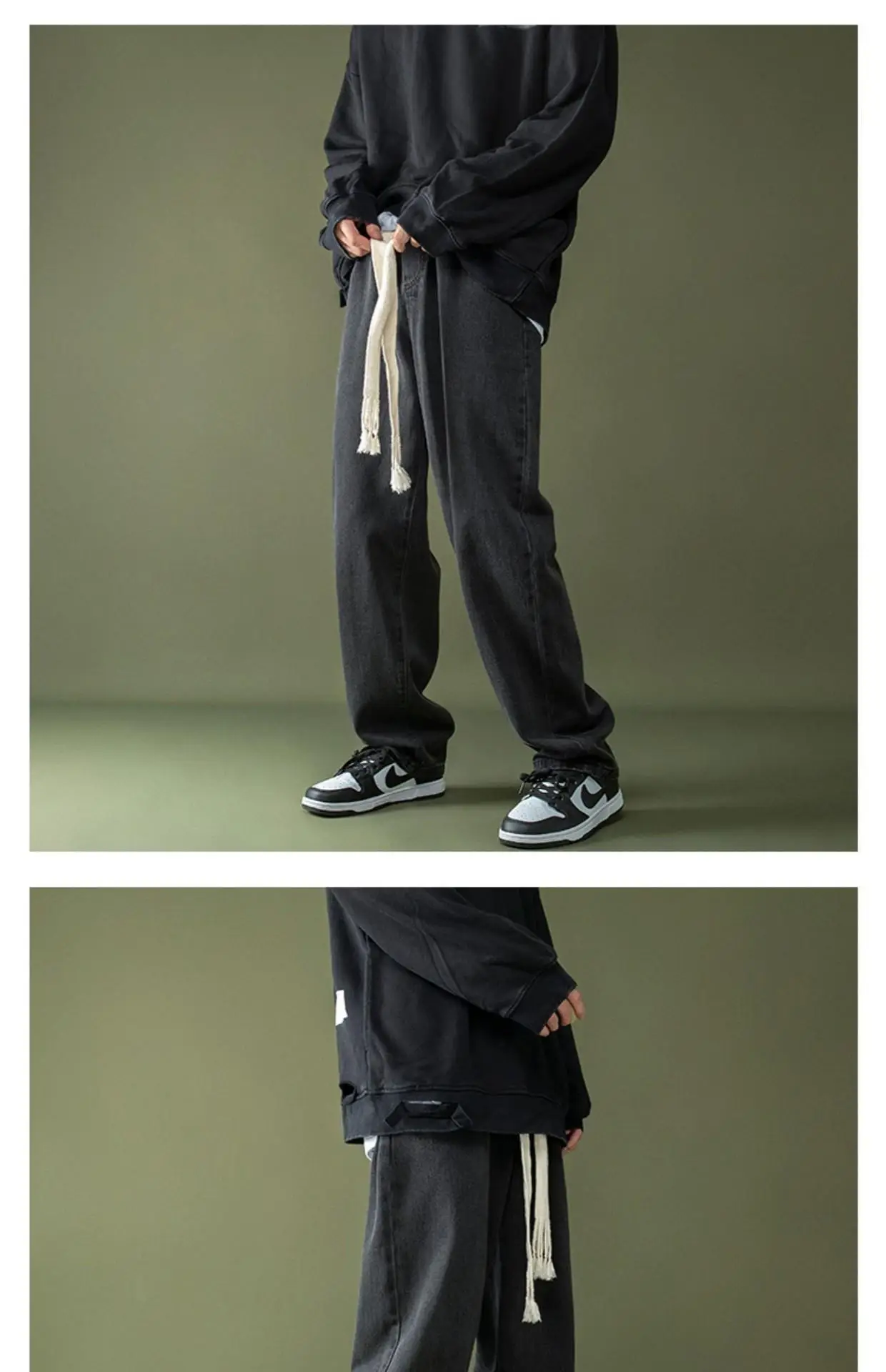 Men Braided Drawstring Jeans Wide Leg Trousers Blue — feature 4