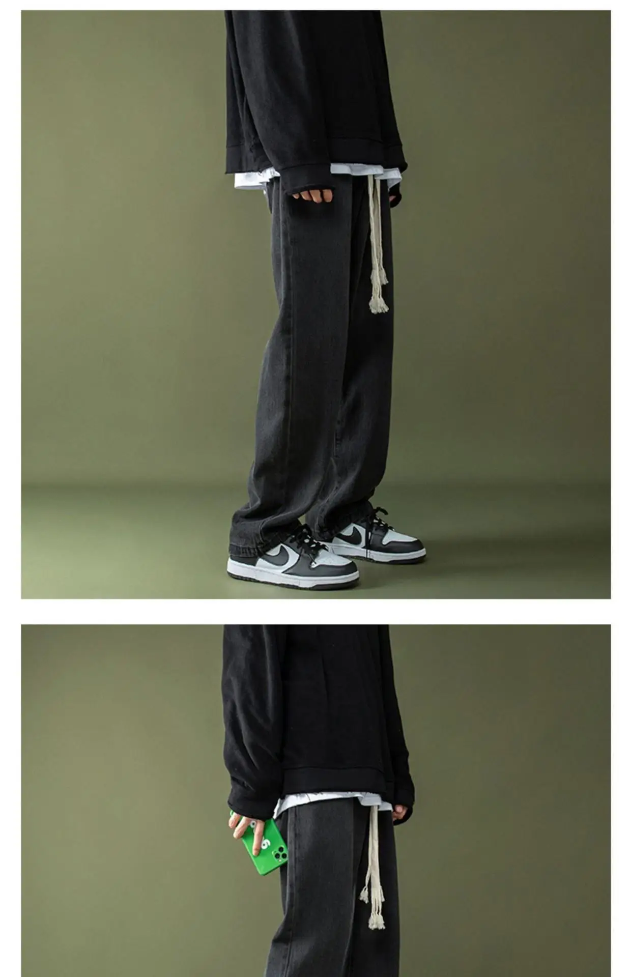 Men Braided Drawstring Jeans Wide Leg Trousers Blue — feature 6