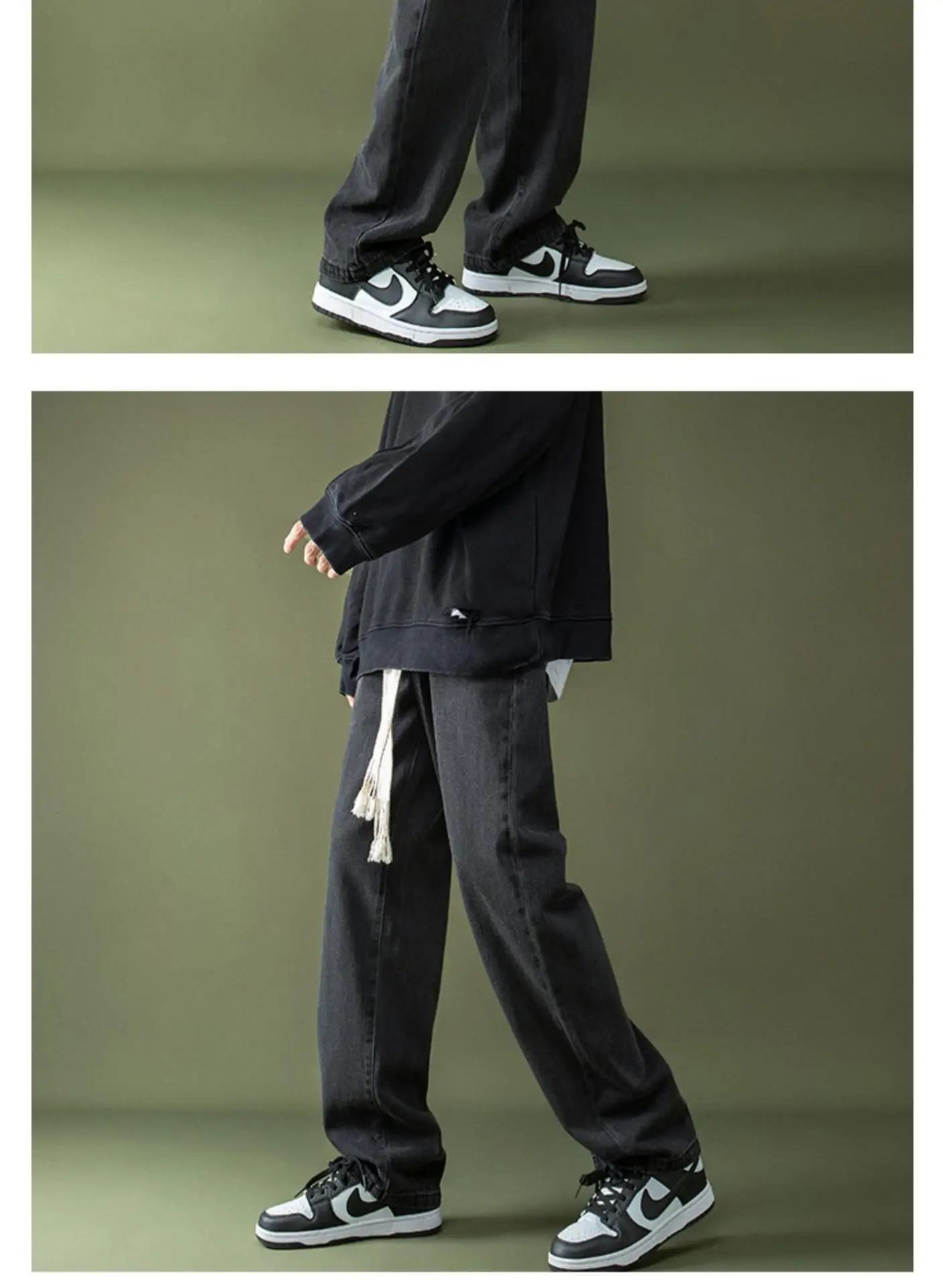 Men Braided Drawstring Jeans Wide Leg Trousers Blue — feature 7