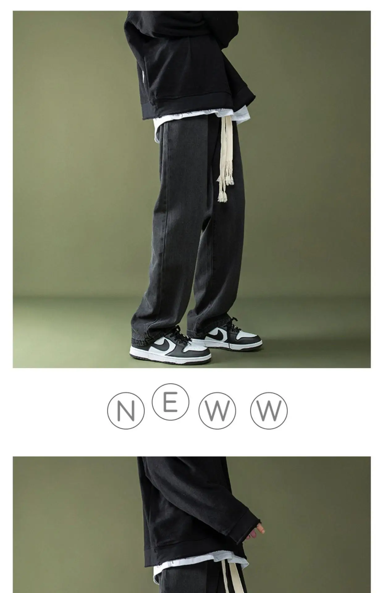 Men Braided Drawstring Jeans Wide Leg Trousers Blue — feature 8