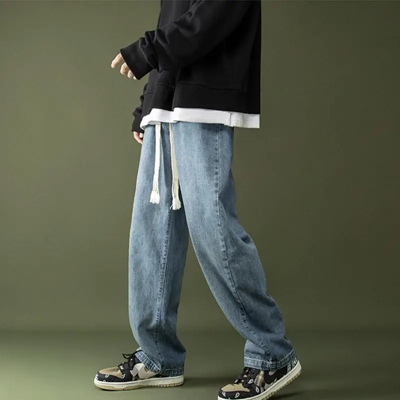 Men Braided Drawstring Jeans Wide Leg Trousers Blue