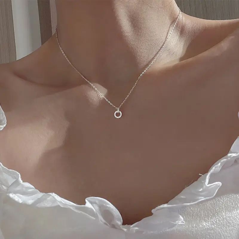 925 Sterling Silver Donut Necklace with Zircon Circle Pendant - Image 5