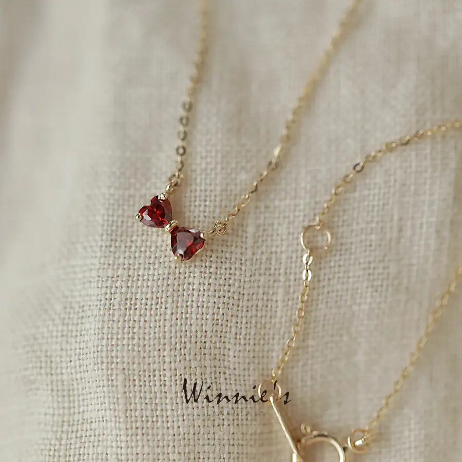 Pomegranate Red Bow Necklace with 14K Gold Clavicle Chain - Image 3