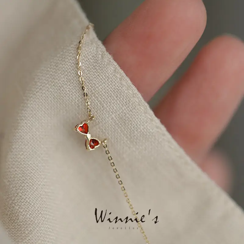 Pomegranate Red Bow Necklace with 14K Gold Clavicle Chain - Image 4
