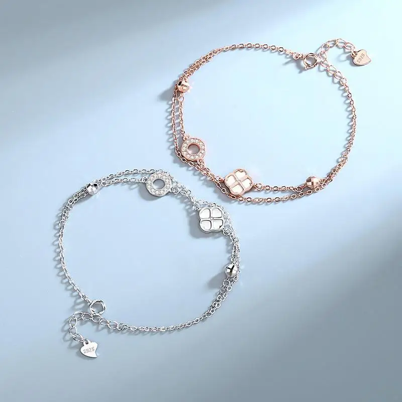 Silver Clover Double Layer Bracelet for Women - Image 6