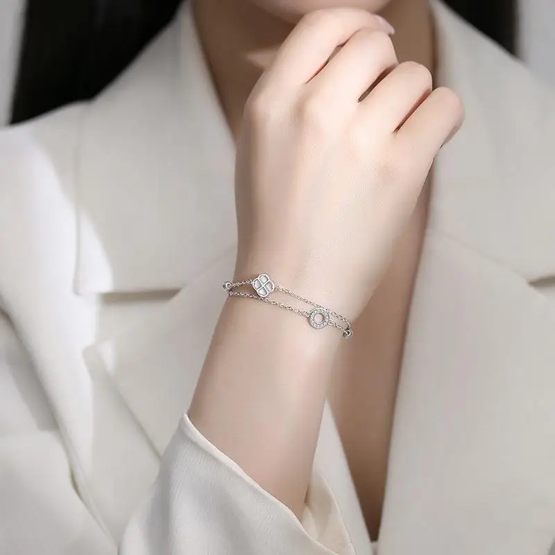 Silver Clover Double Layer Bracelet for Women - Image 7