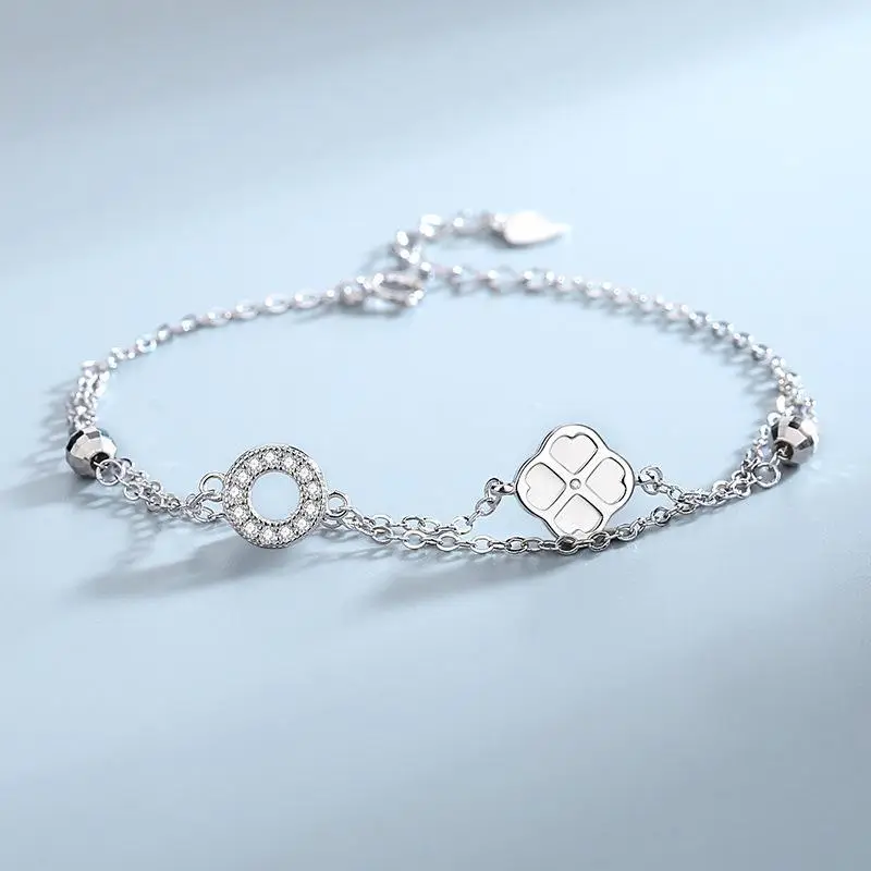 Silver Clover Double Layer Bracelet for Women - Image 2