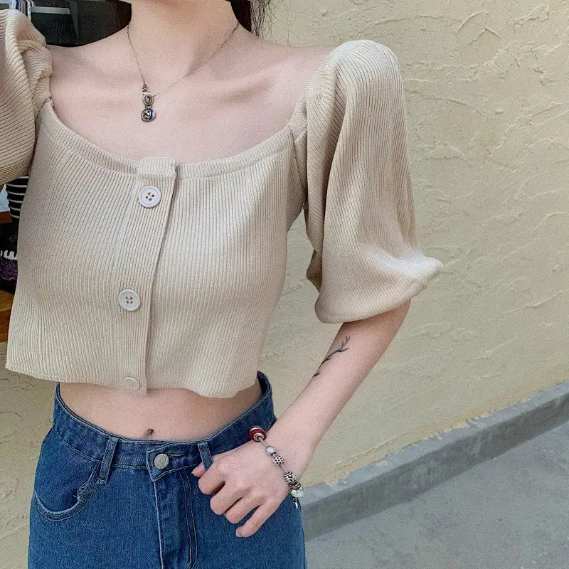 French Style Girls Bubble Top with Collar & High Waist - Image 5