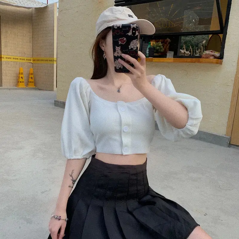 French Style Girls Bubble Top with Collar & High Waist - Image 2