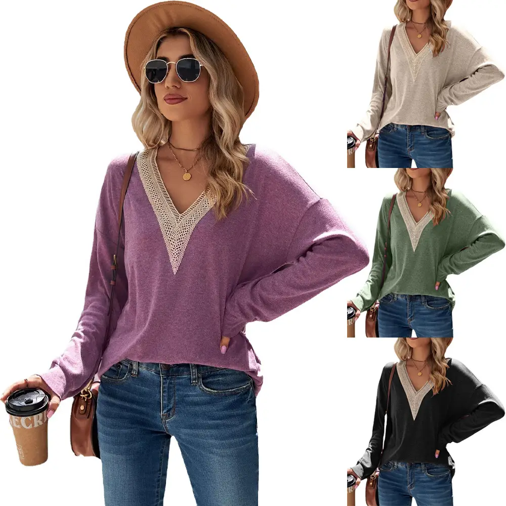 Black V-Neck Long Sleeve T-Shirt for Women