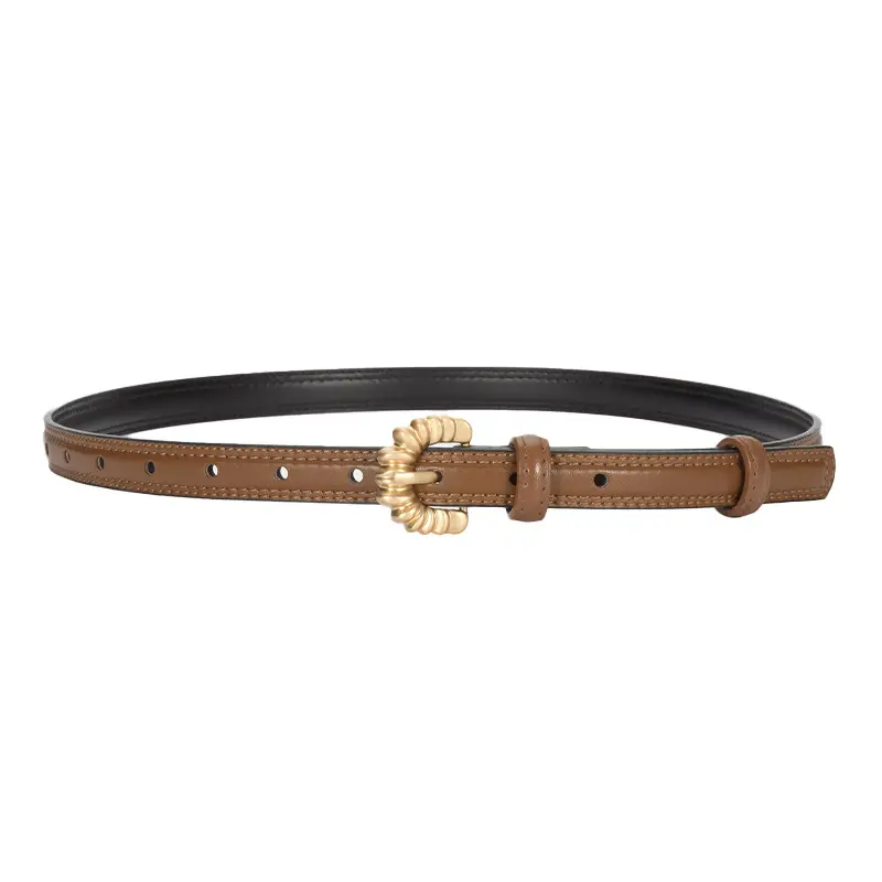 Women's Brown Cowhide Belt with Gold Pin Buckle - Image 15