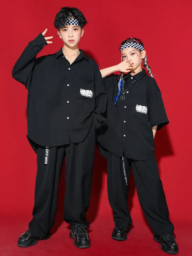 Black Hip Hop Performance Shirt for Boys Girls